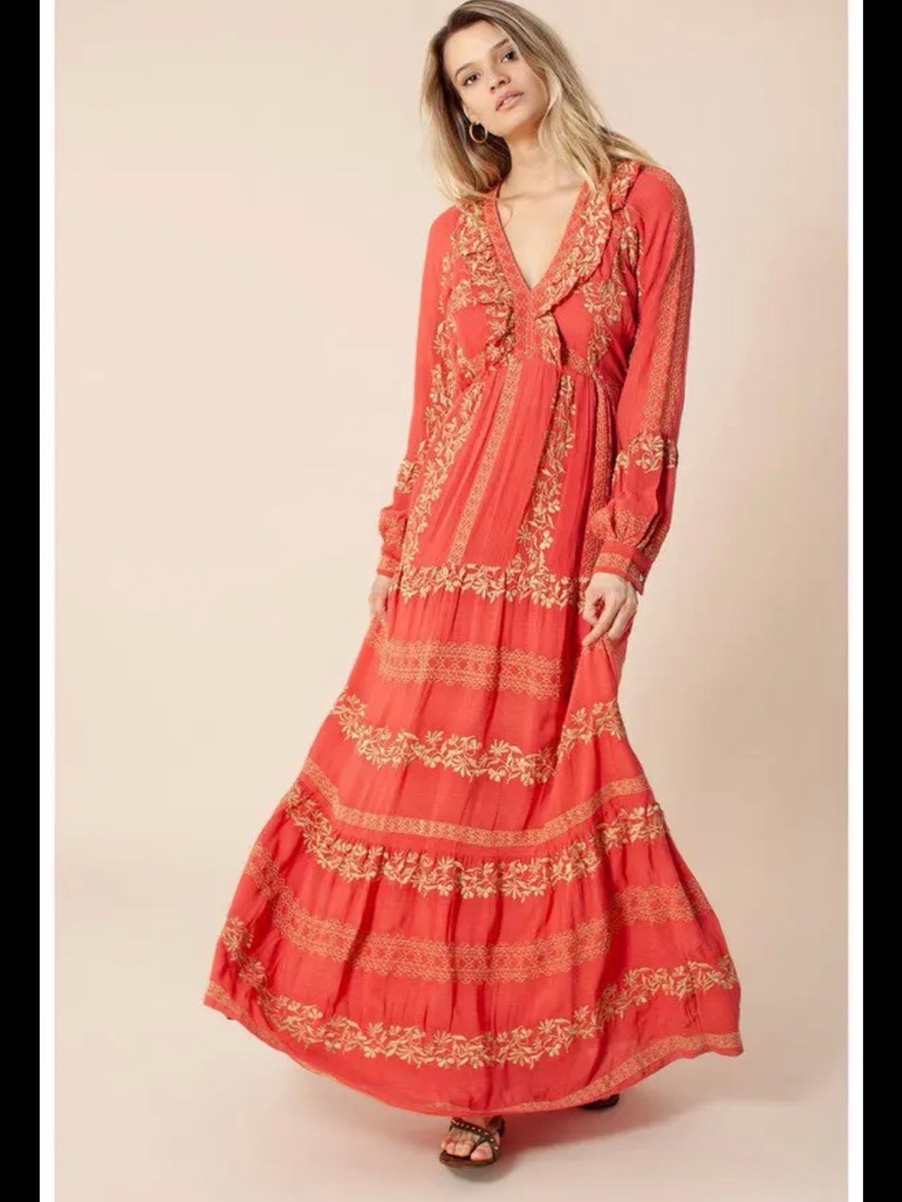 Hale Bob Leighton Embroidered Rayon Crinkle Gauze Maxi Dress Size Small
